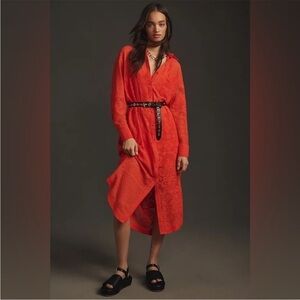NWOT Anthropologie Maeve Long-Sleeve Collared Shirt Dress Coverup Red